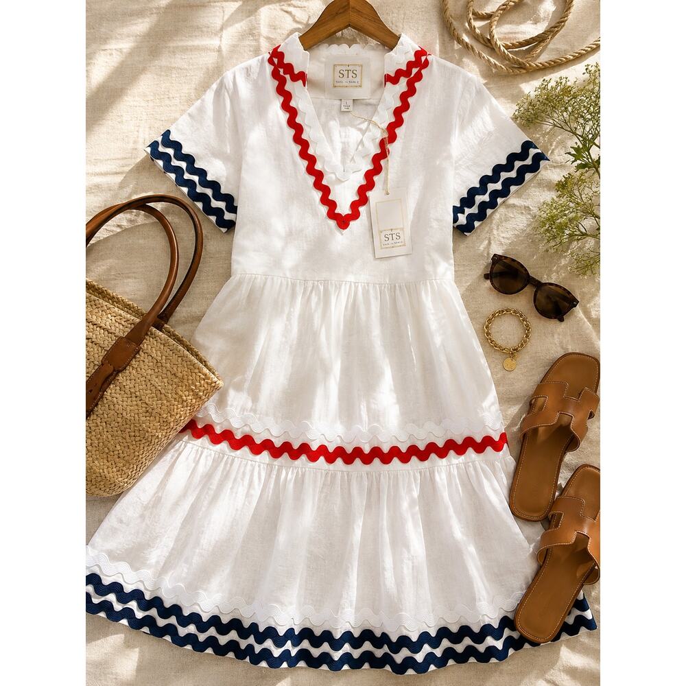 Sail to Sable White Linen Ric Rac Trim Nautical Tiered Midi Dress L NWT - Picture 6 of 9